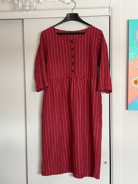 Pyne & Smith Linen Dress Rhubarb Stripe / Size Medium / Pockets!